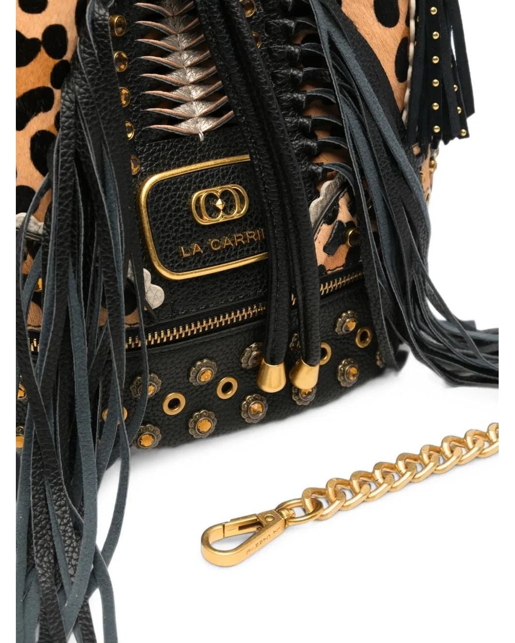 La Carrie Black Jungle Leopard-Print Studded Bucket Bag
