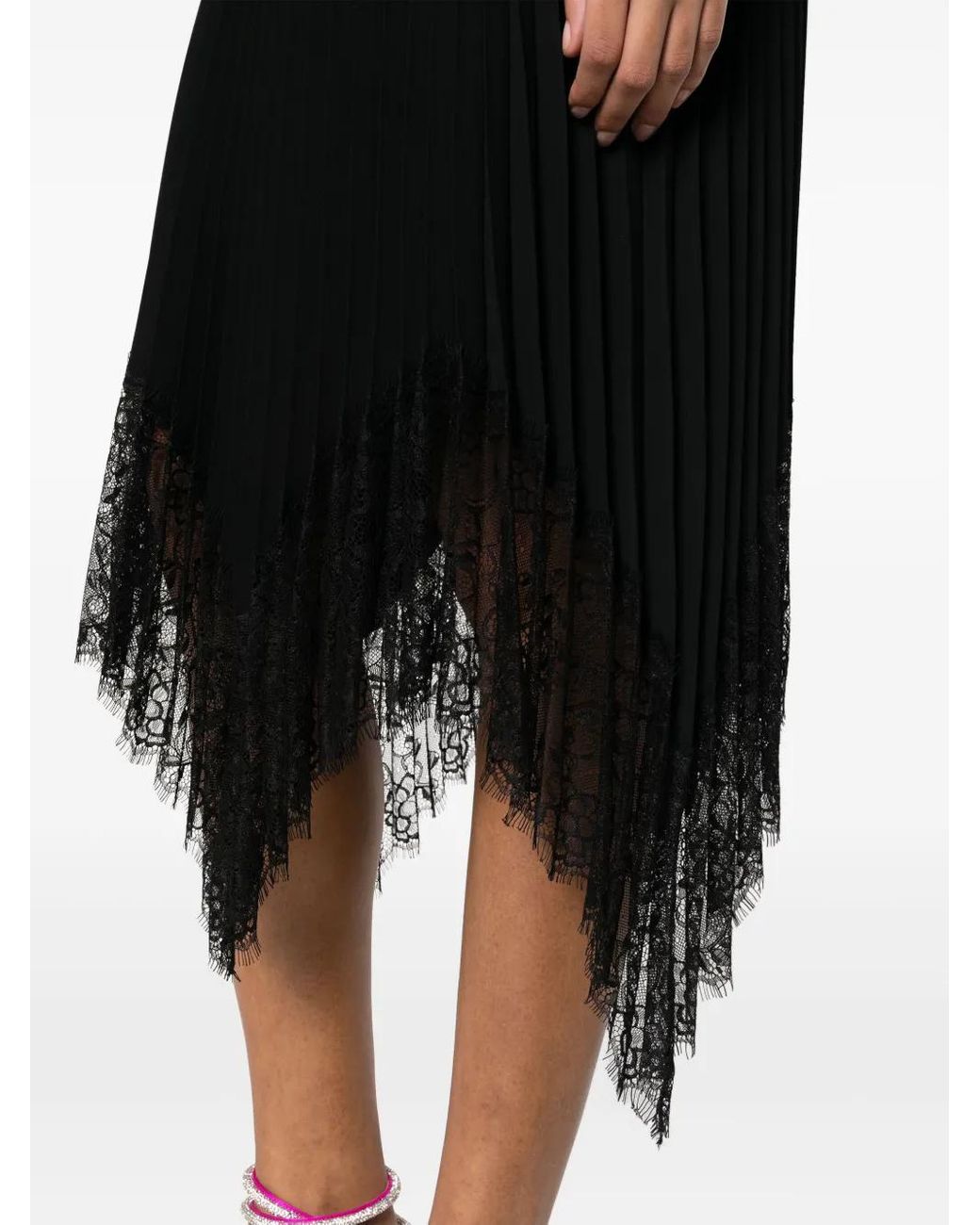 Nissa Black Lace-Trimmed Pleated Dress