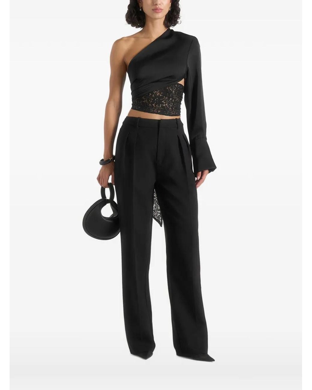 Manière De Voir Black Coralie One Sleeve Satin And Lace Wrap Top