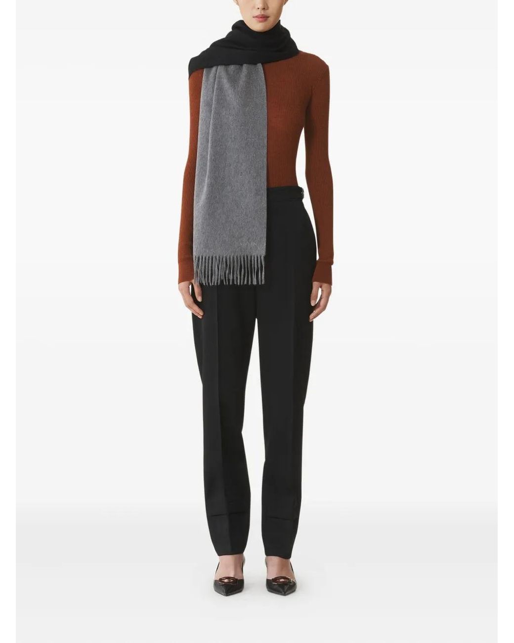 Lanvin Gray Fringed Wool Scarf for men
