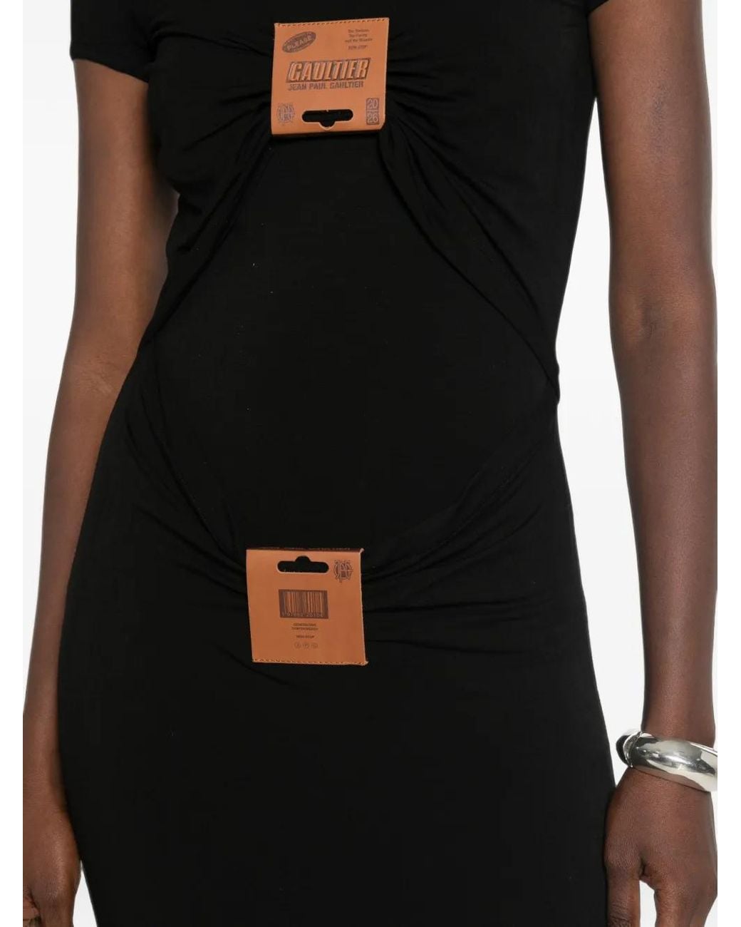 Jean Paul Gaultier Black Leather-Tag Draped Maxi Dress