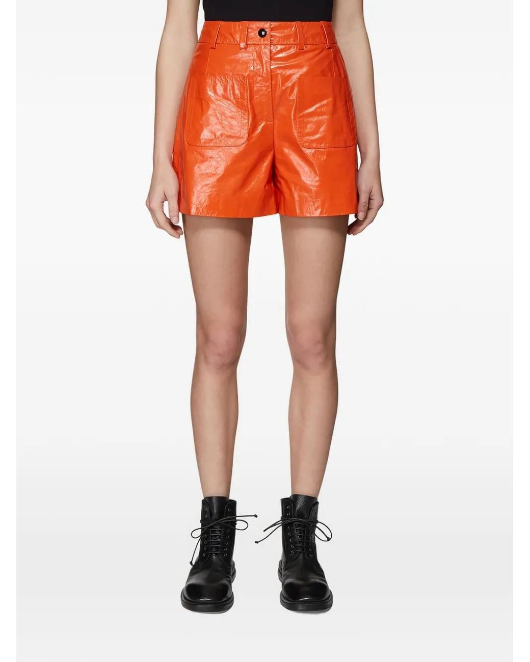 Olivier Theyskens Orange Wrinkled Leather Patch-Pocket Shorts