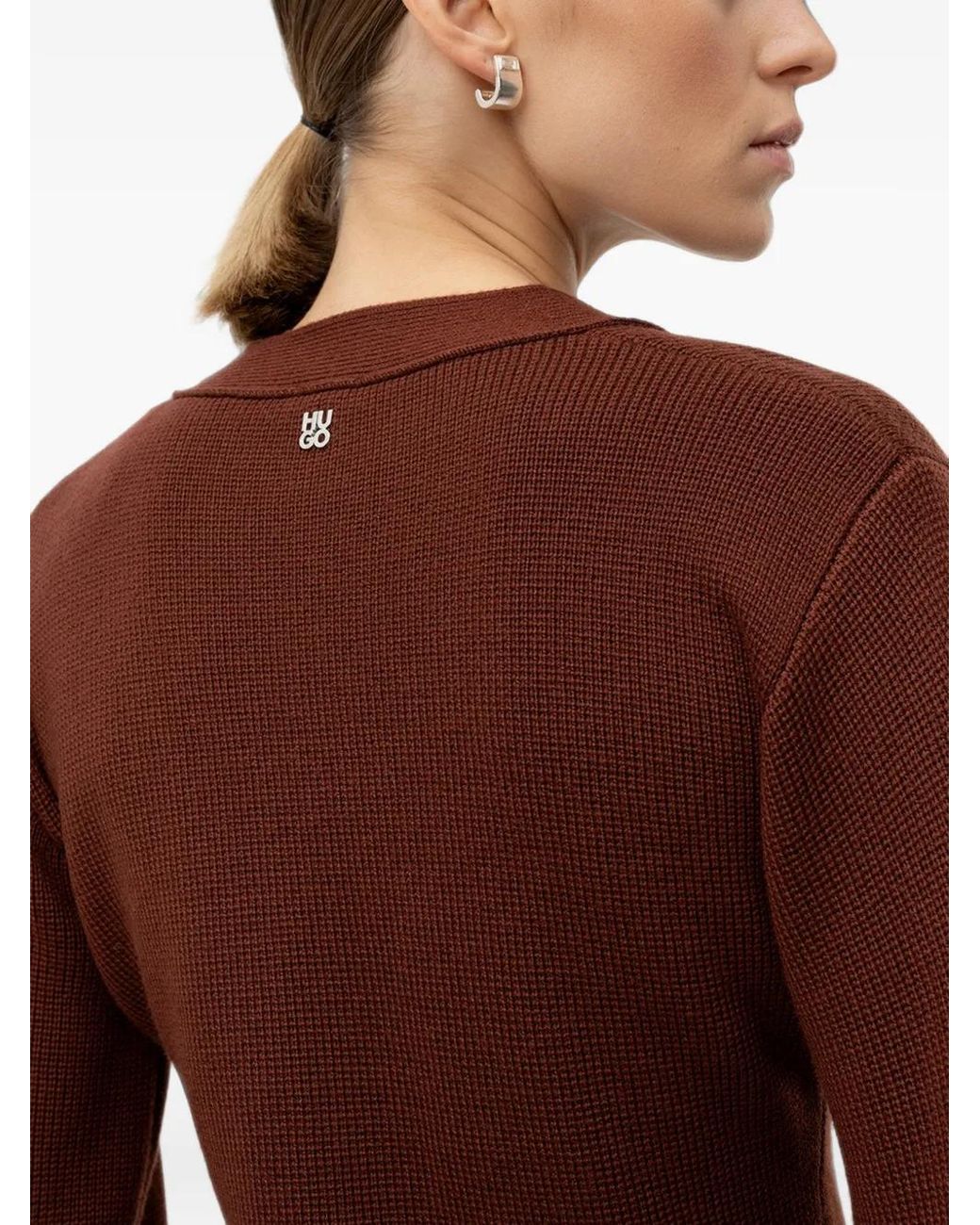 HUGO Brown Wool-Blend Cardigan With Logo Rivet
