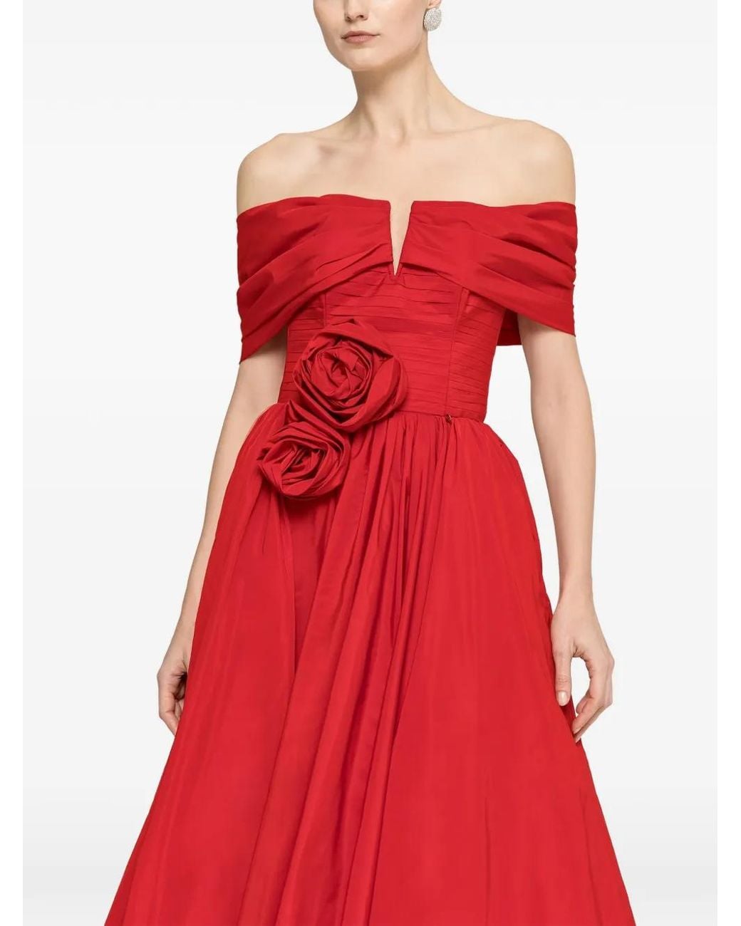 Nissa Red Off-Shoulders Taffeta Midi Dress