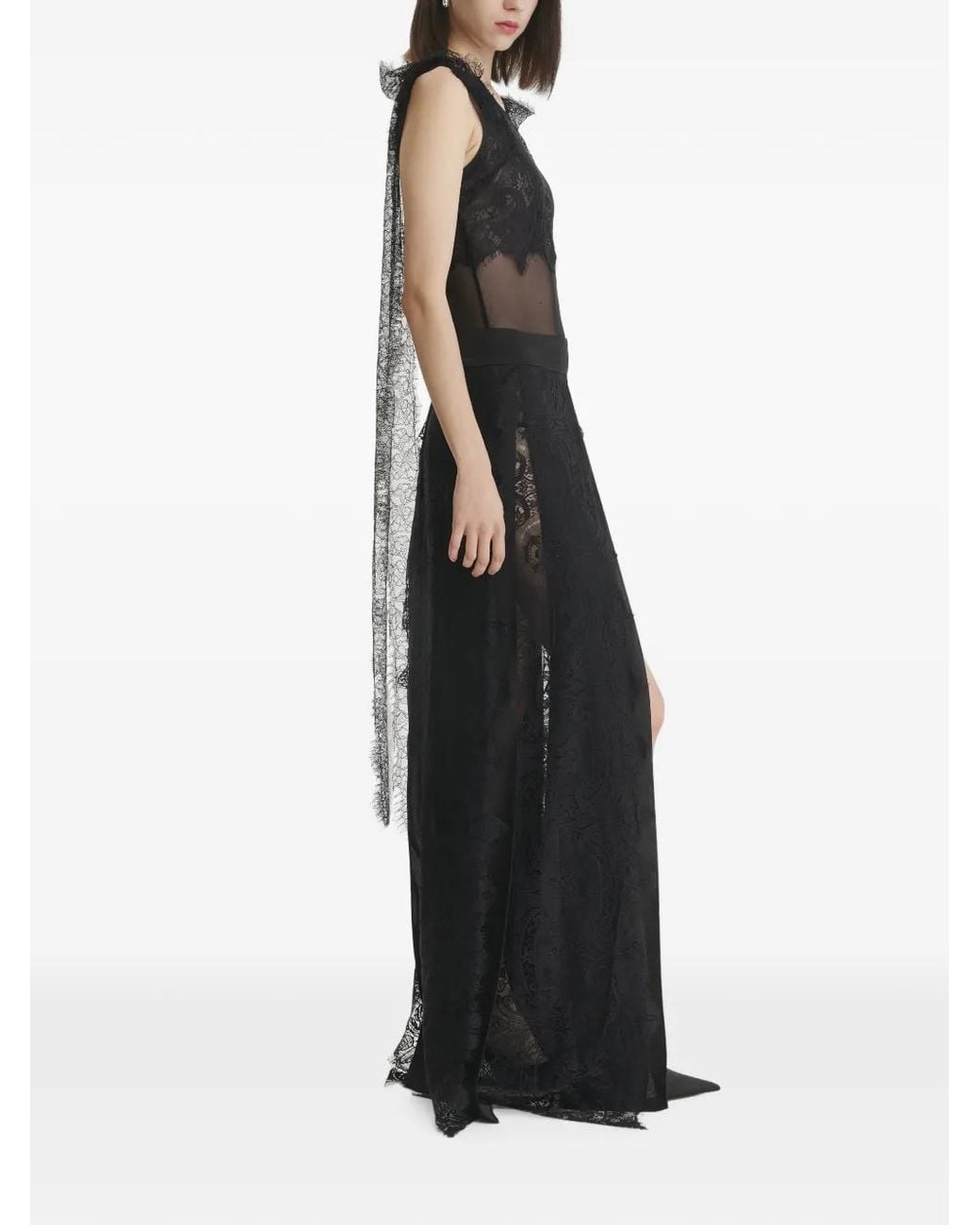 2310 STUDIO Black Lace-Trim Front-Slit Maxi Skirt