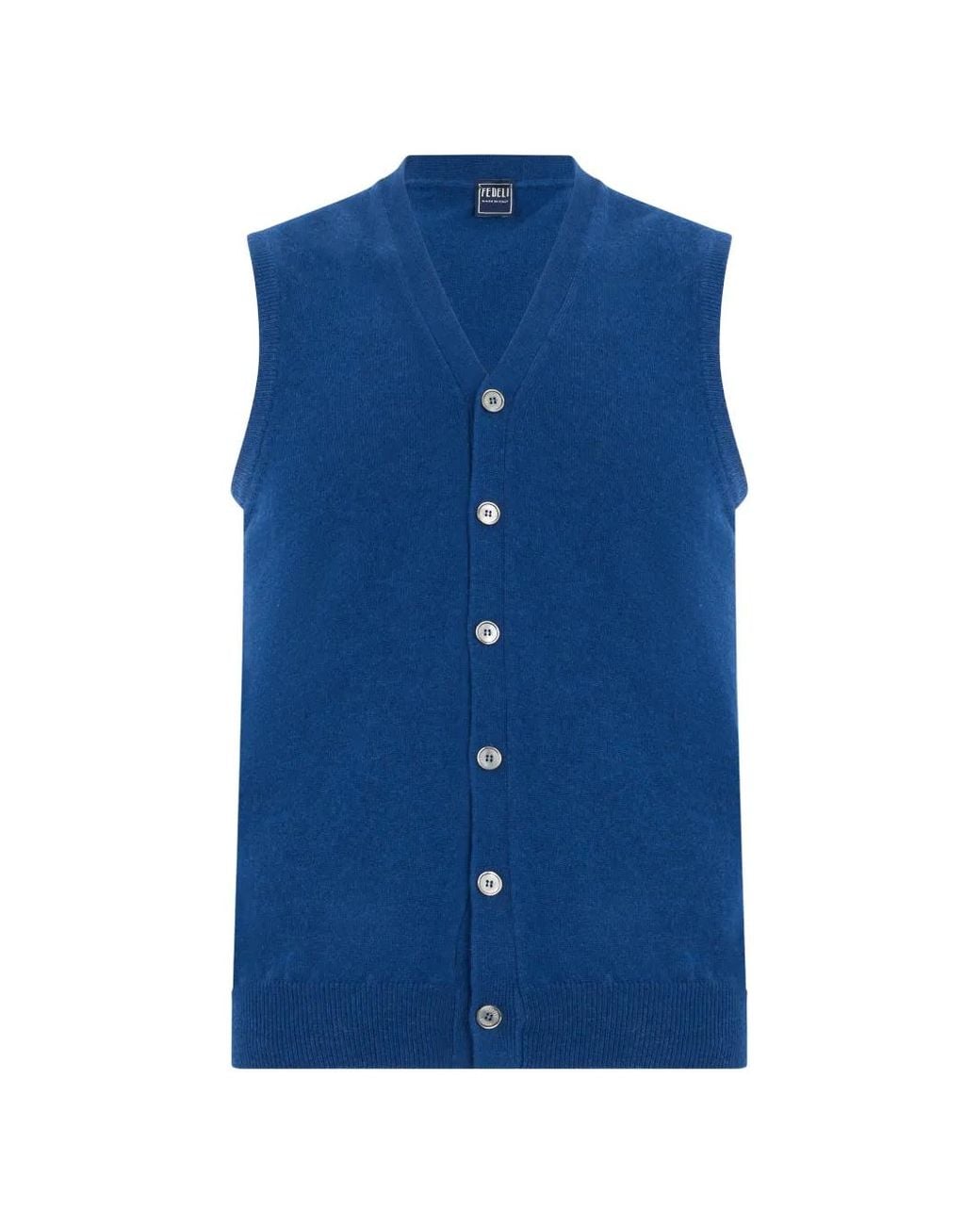Fedeli Blue Cashmere V-Neck Sleeveless Cardigan for men