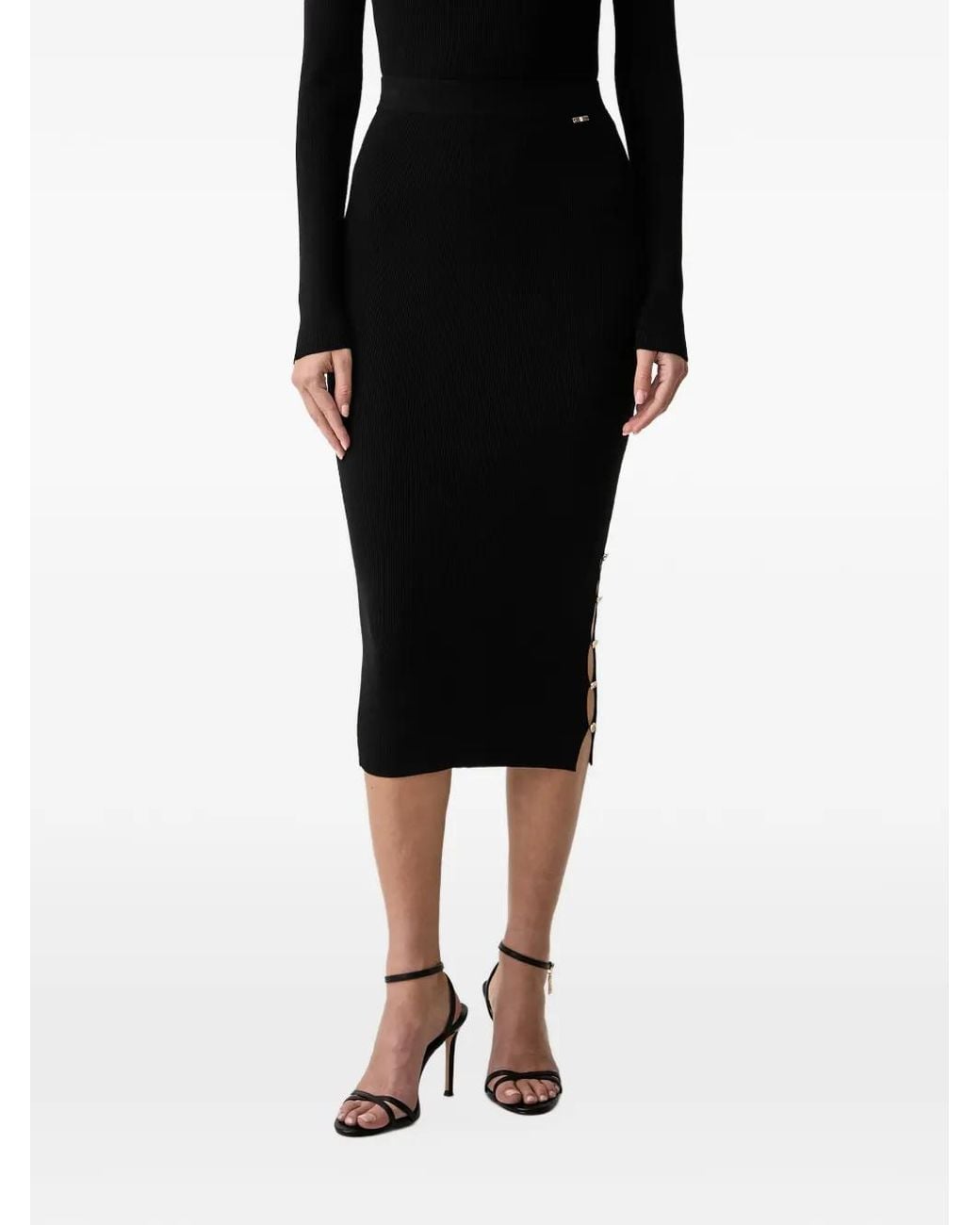 Fracomina Black Ribbed-Knit Logo-Button Midi Skirt
