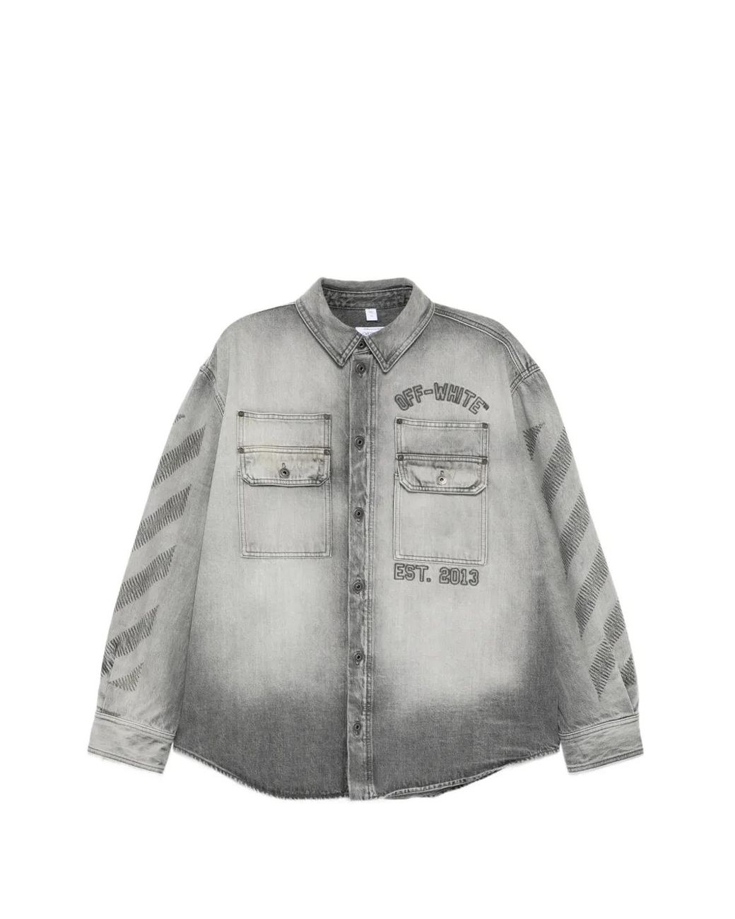 Off-White c/o Virgil Abloh Gray Diagonals-Print Embroidered Denim Military Jacket for men