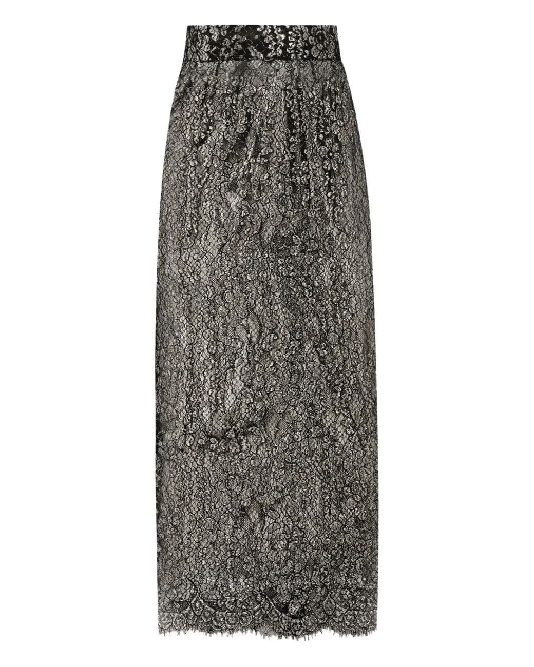 Dolce & Gabbana Gray Lamé Lace Midi Skirt