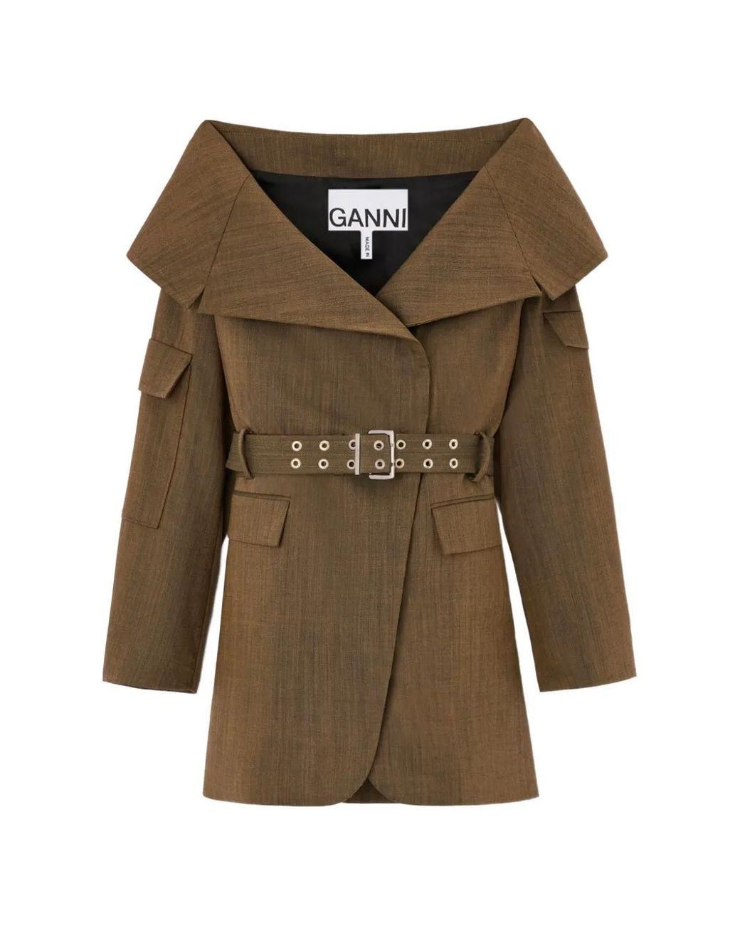Ganni Green Blazer En Laine Mélangée