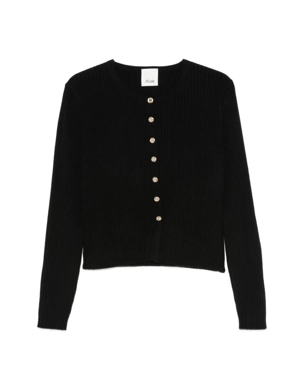 Allude Black Ribbed-Knit Button-Up Cardigan