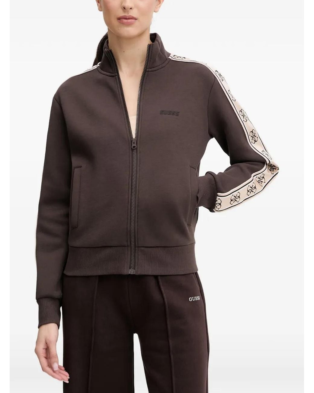 Guess Brown Logo-Tape Zip-Up Sweater