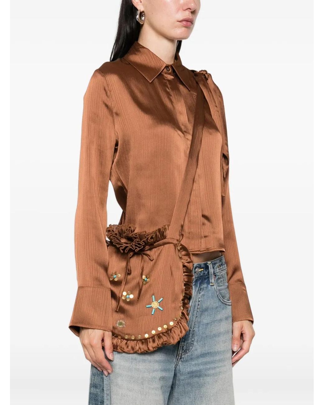Siedres Brown Pointed-Collar Buttoned Blouse