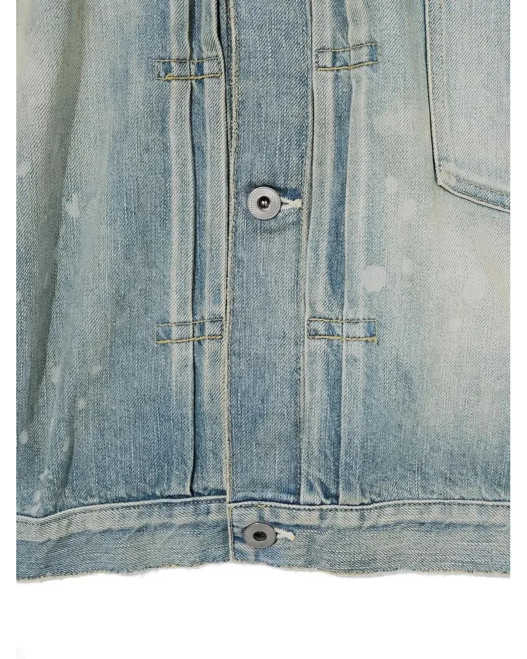 A.PRESSE Blue Bleached-Effect Pleated Denim Jacket for men