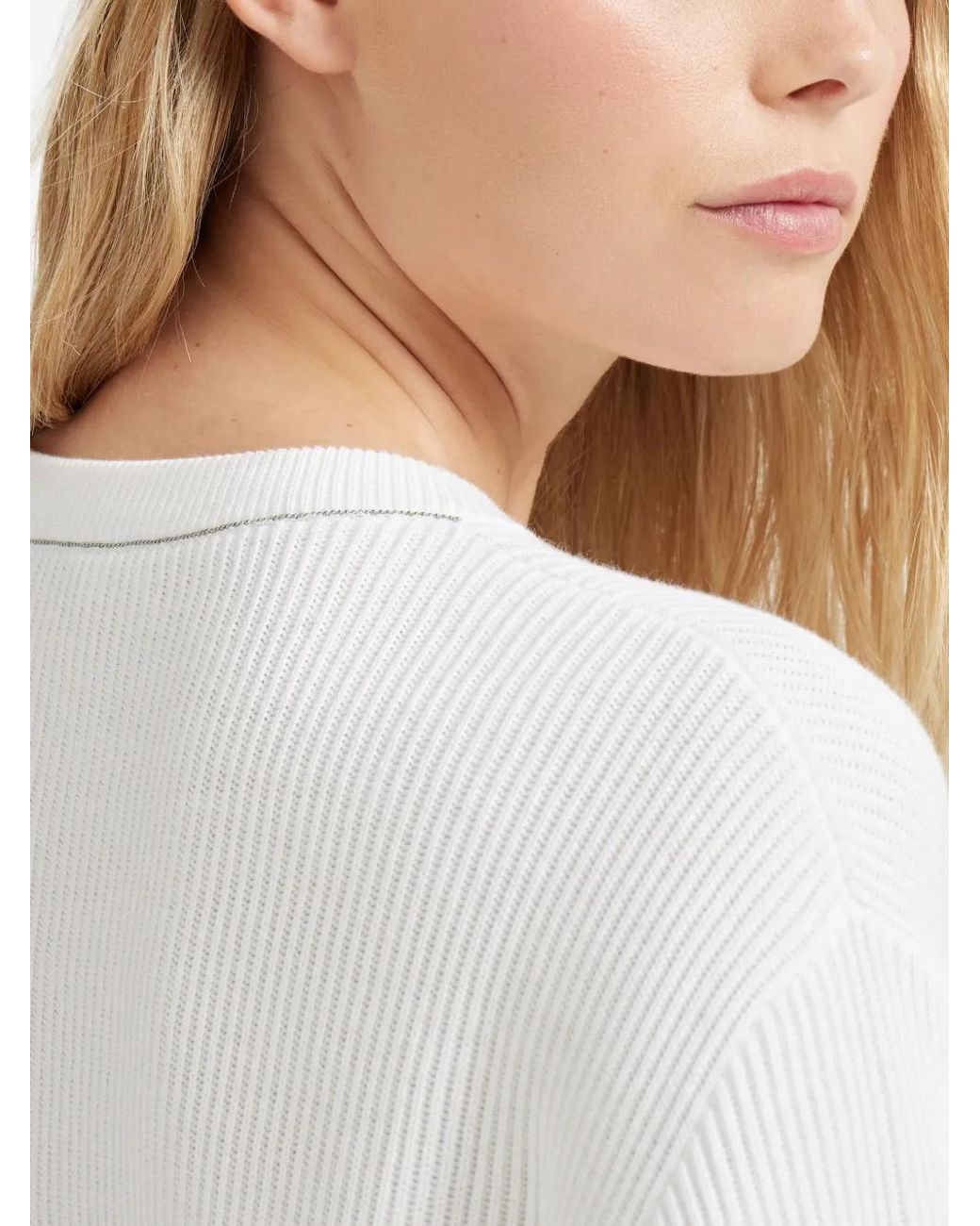 Brunello Cucinelli White Cotton English Rib Sweater With Monili
