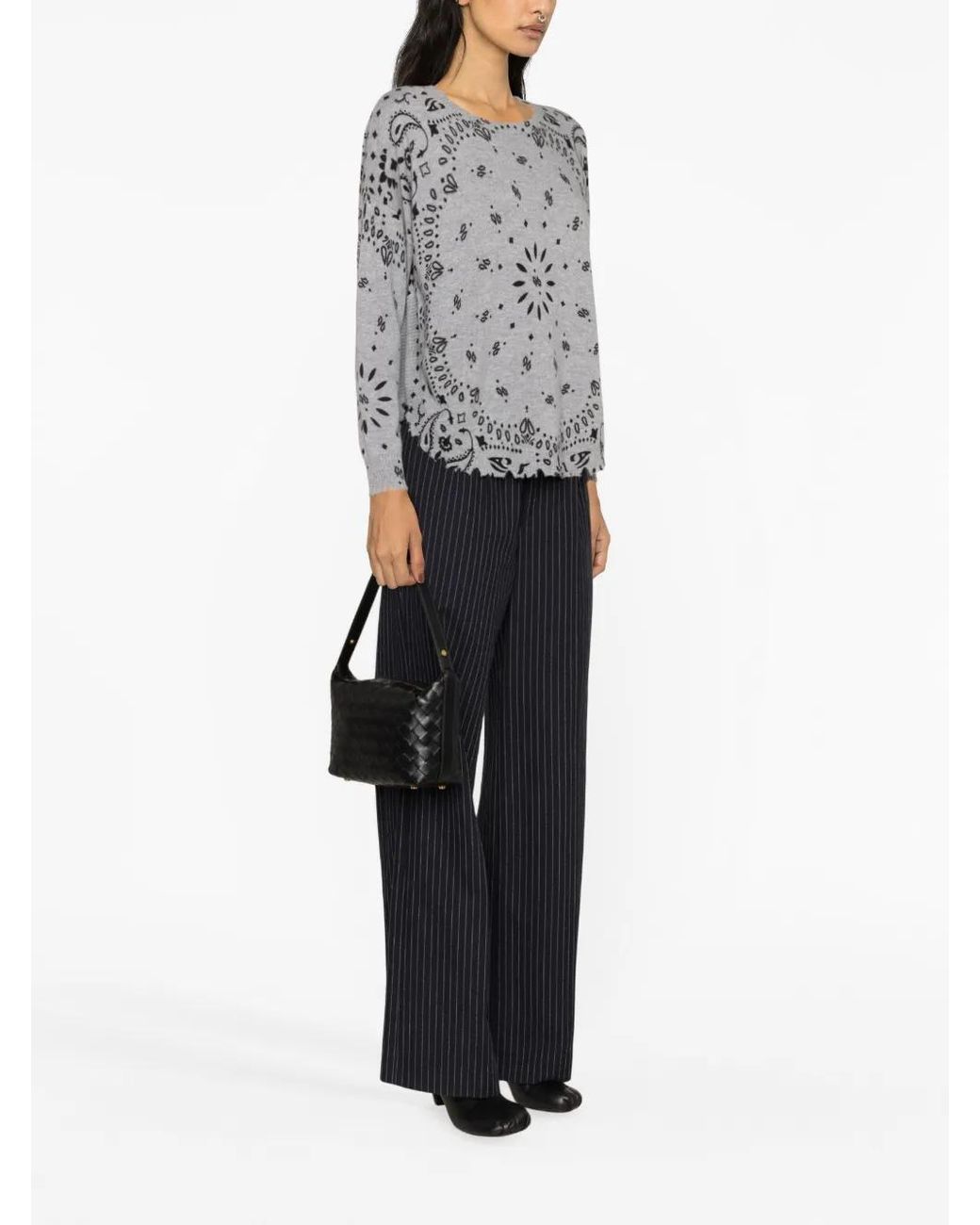 Kujten Gray Paisley-Print Scalloped-Edge Sweater