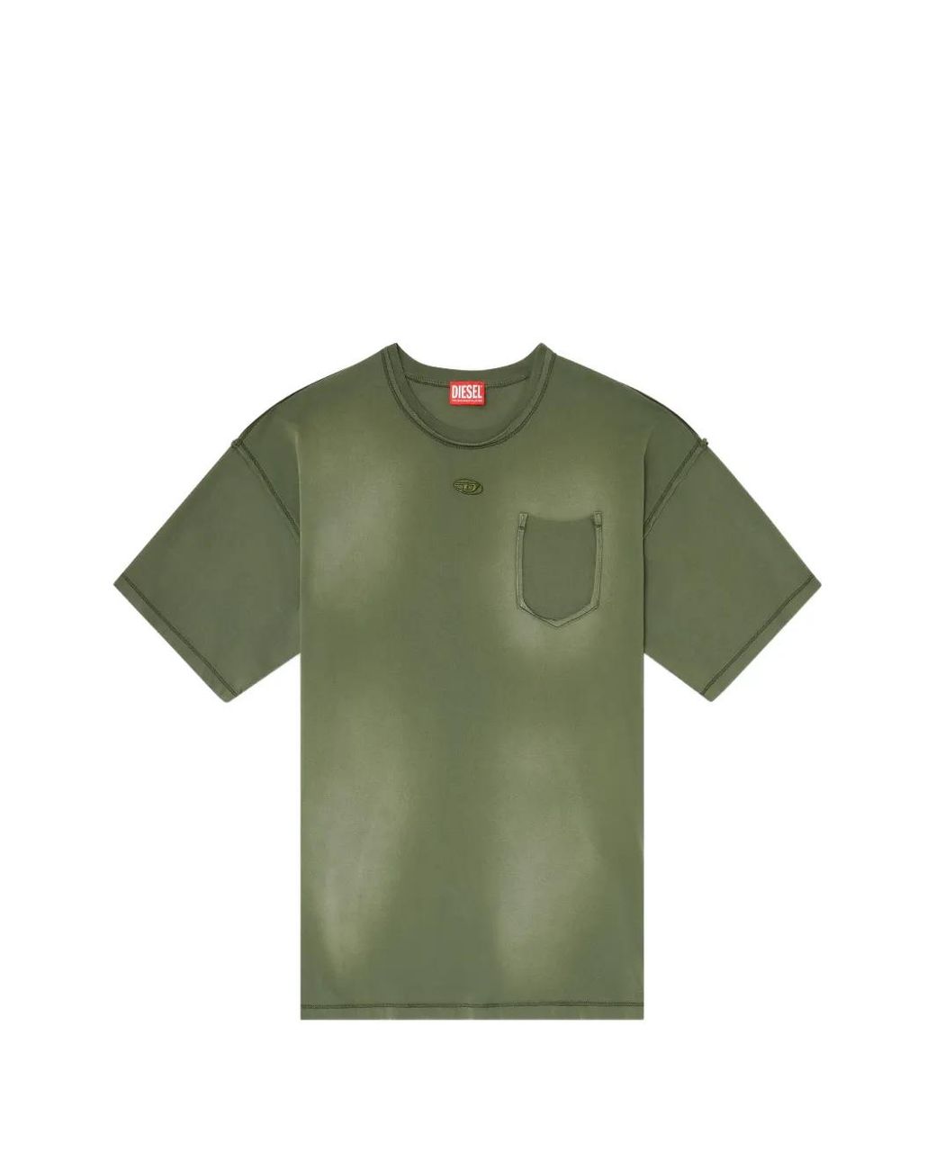 DIESEL Green Faded T-Shirt With Ripped Pocket Detail for men