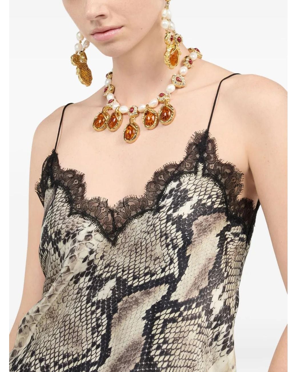 Roberto Cavalli Gray Snake-Print Lace-Trimmed Top