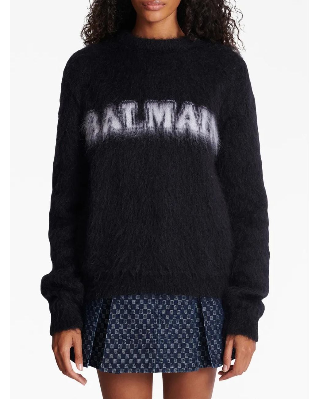 Balmain Black Gebürstete Garnpullover mit Logo