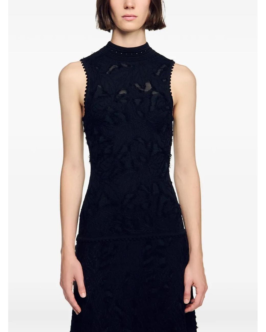 Sandro Black Figurative-Pattern Knitted Midi Dress