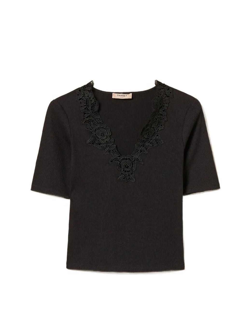 Twinset Black Ribbed T-Shirt With Lace