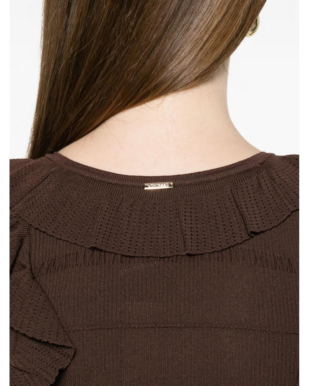 Twinset Brown Rib Knit Midi Dress With Ruffles