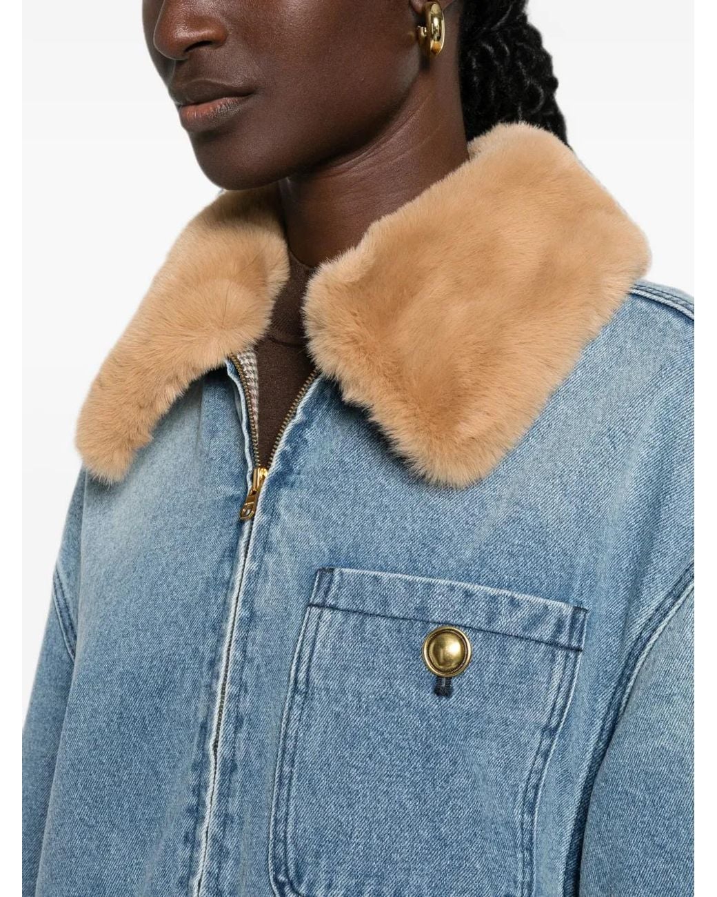 Sandro Blue Faux-Fur-Collar Denim Coat