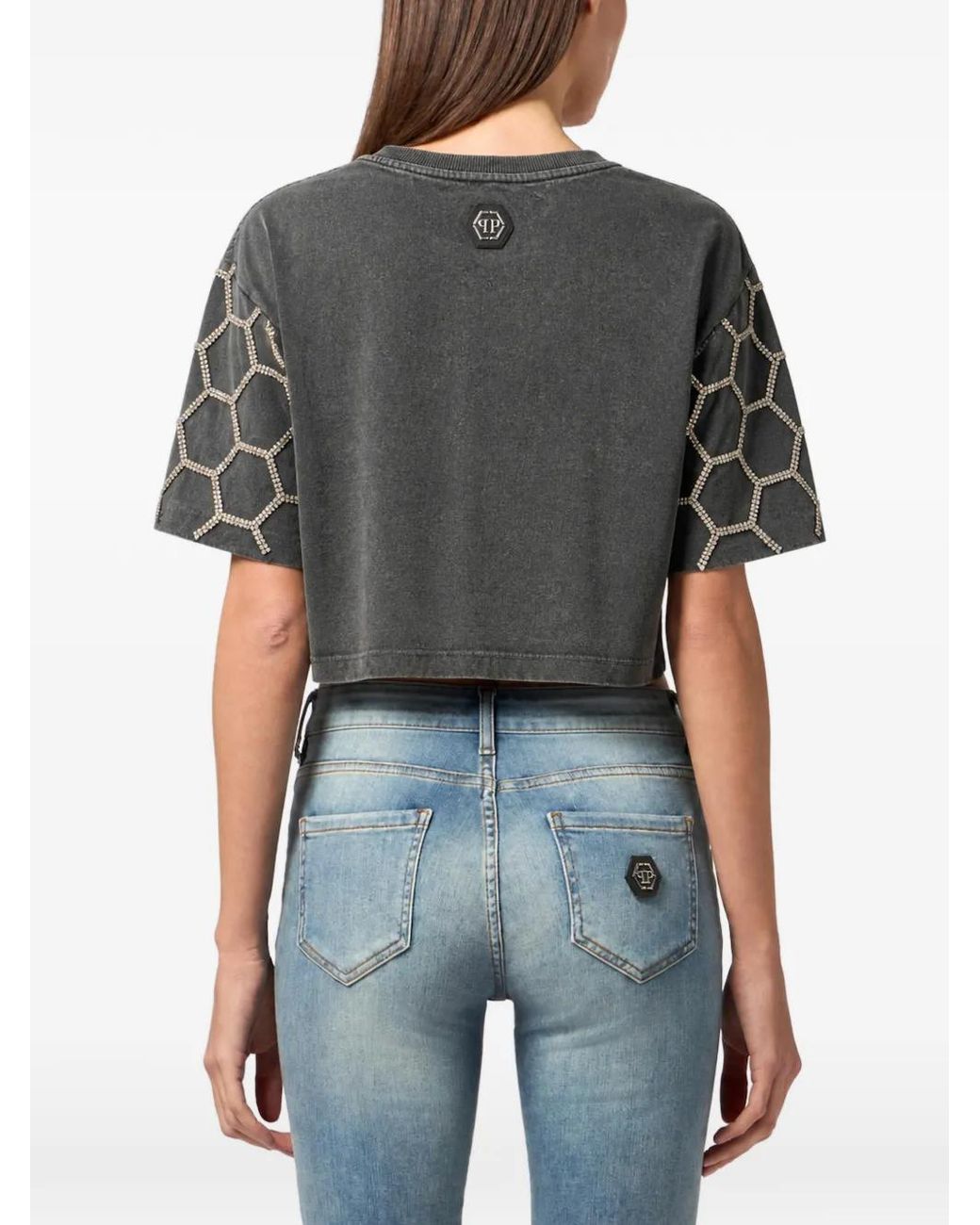 Philipp Plein Gray Cropped T-Shirt Plein Deluxe Crystal