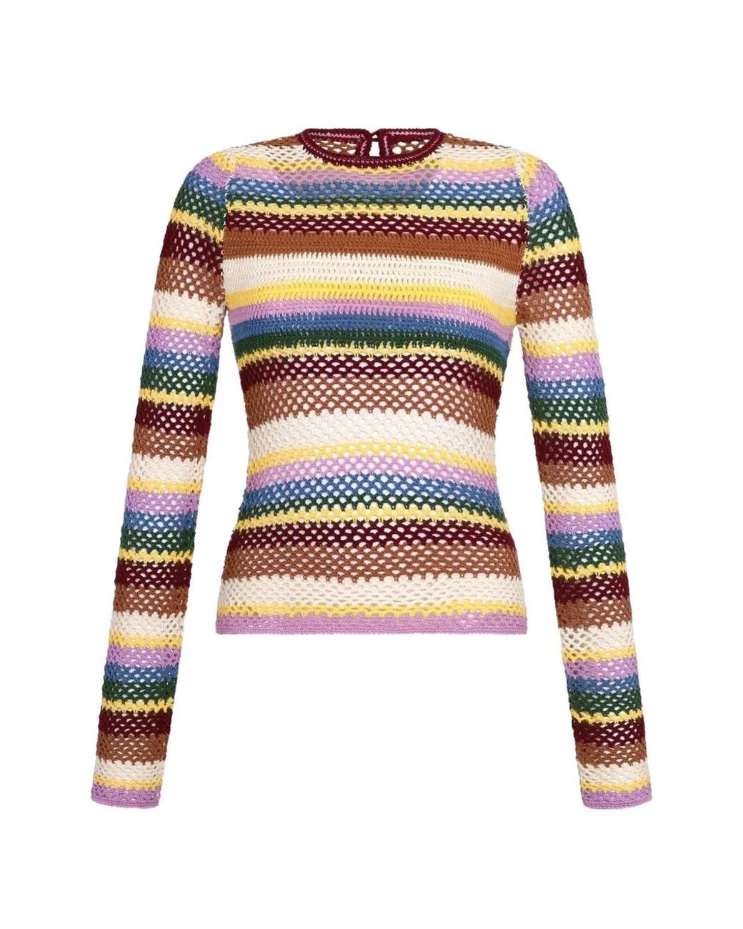 Carolina K White Mila Crochet-Knit Striped Cotton Top