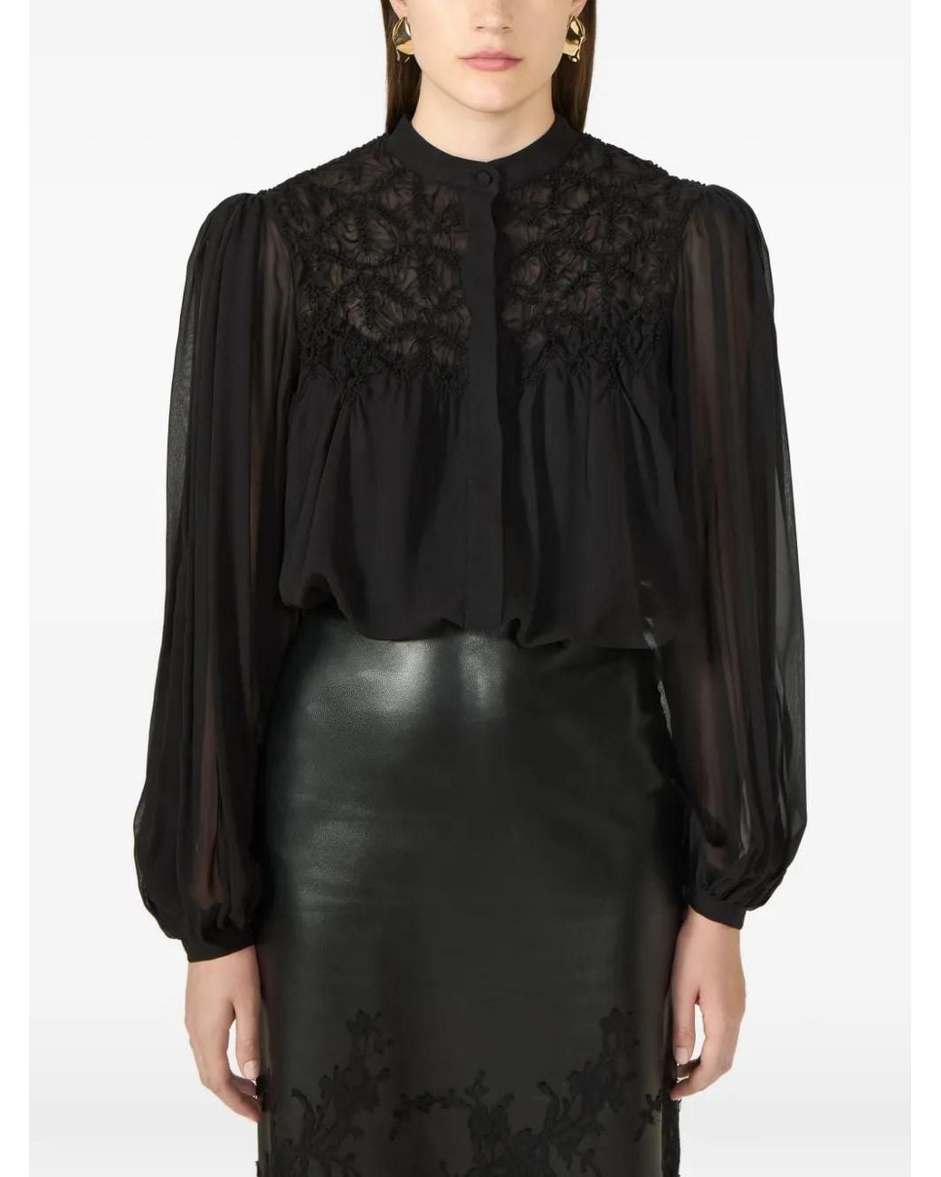 Costarellos Black Lorcan Smocked Long-Sleeve Blouse