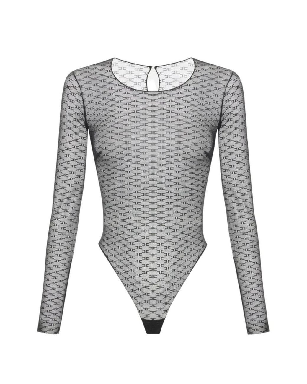 Elisabetta Franchi Gray Monogram Tulle Bodysuit