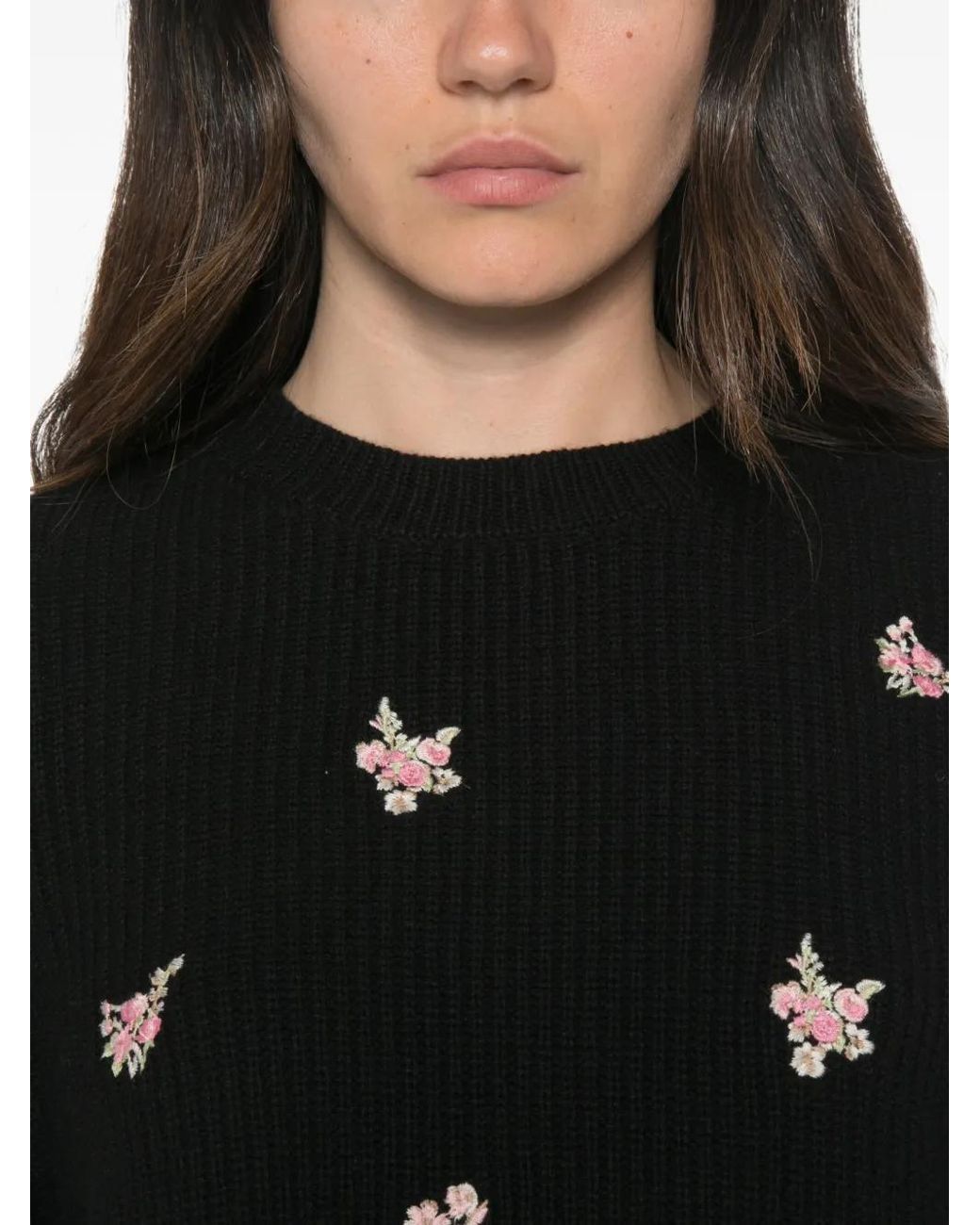 Twinset Black Floral-Embroidered Ribbed-Knit Sweater