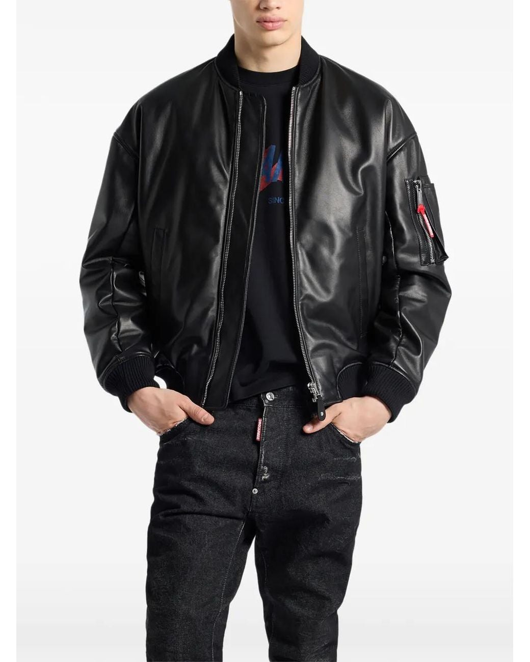 DSquared² Black Leather Cyprus Bomber Jacket for men
