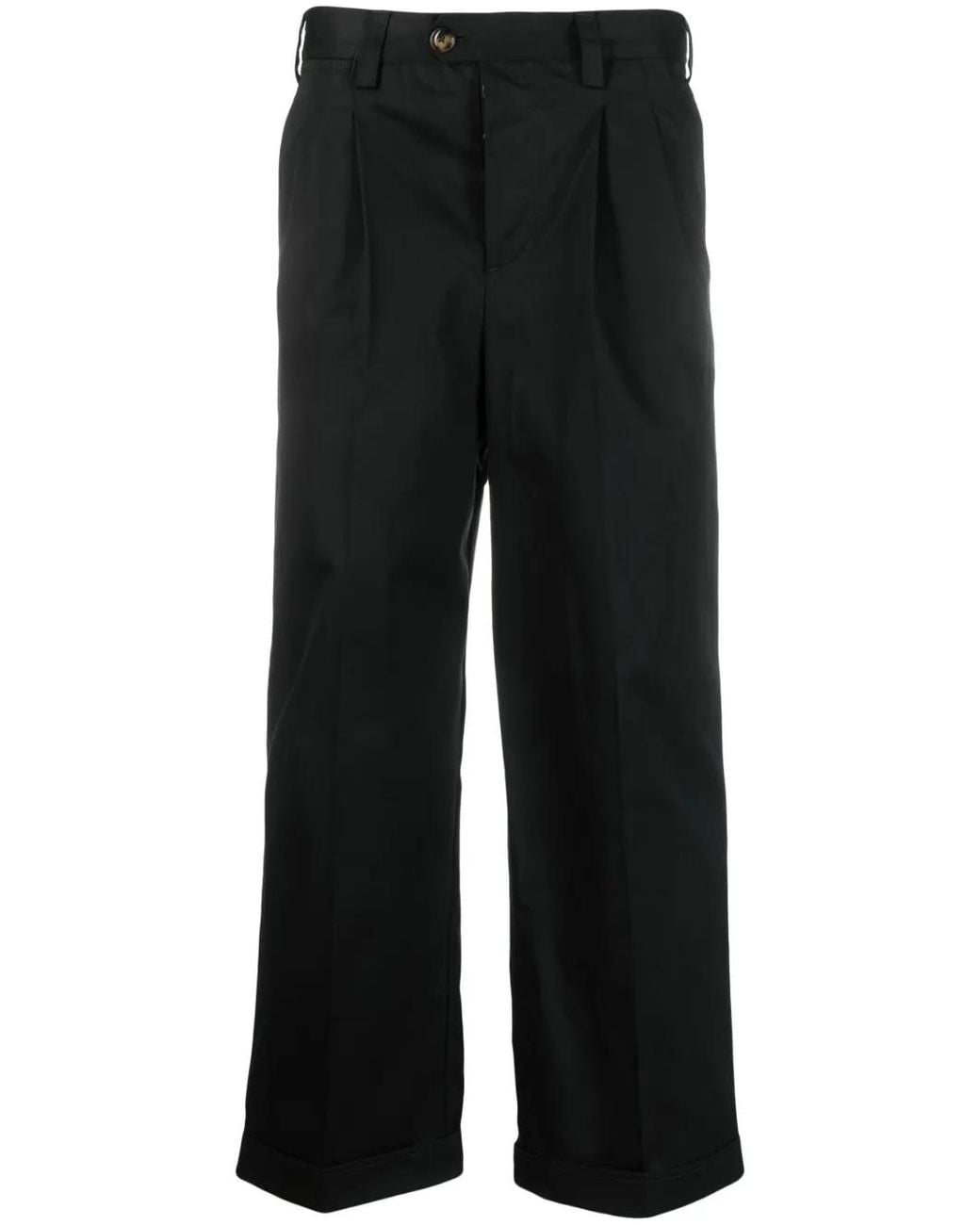 PT Torino Black Pleated-Edge Cropped Trousers for men