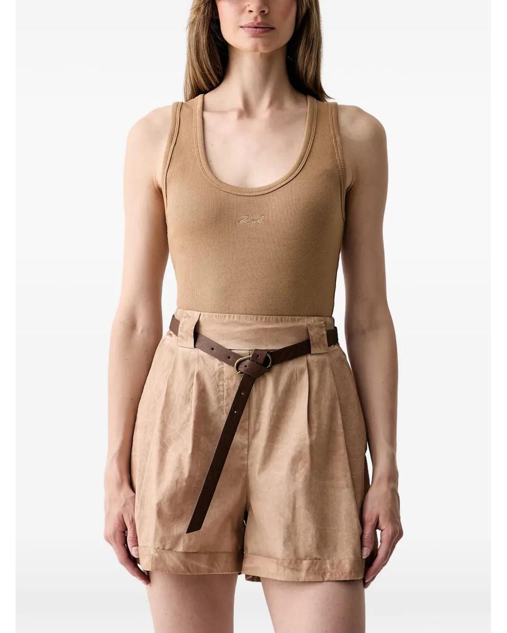 Karl Lagerfeld Natural Ribbed-Knit Logo-Embroidered Top