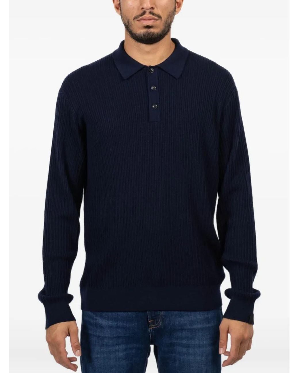 Rag & Bone Blue Crawford Ribbed Long-Sleeve Polo Shirt for men