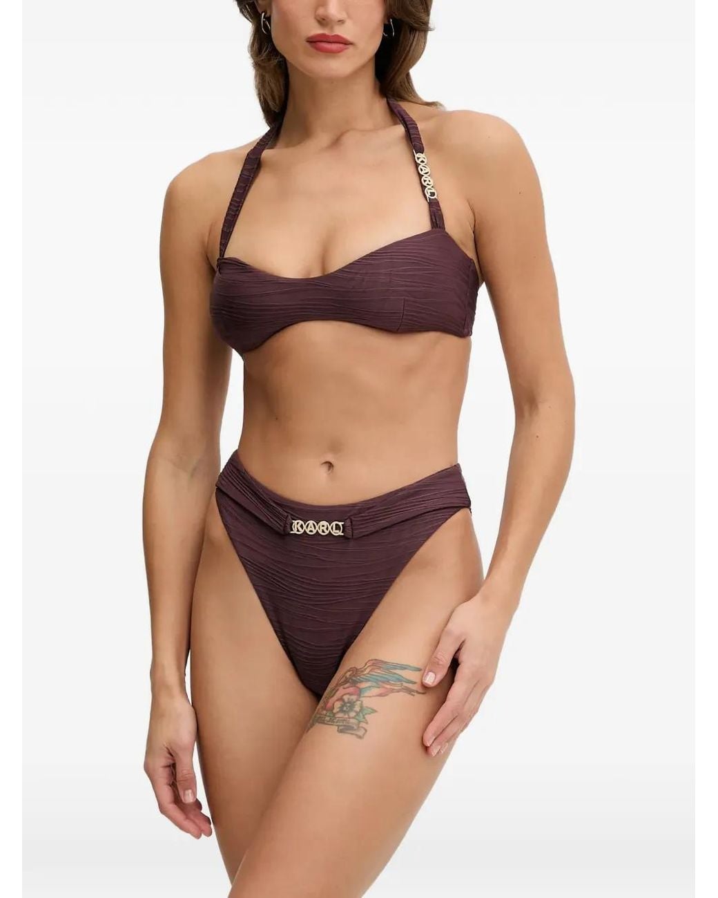 Karl Lagerfeld Brown Logo-Plaque Halterneck Bikini Top