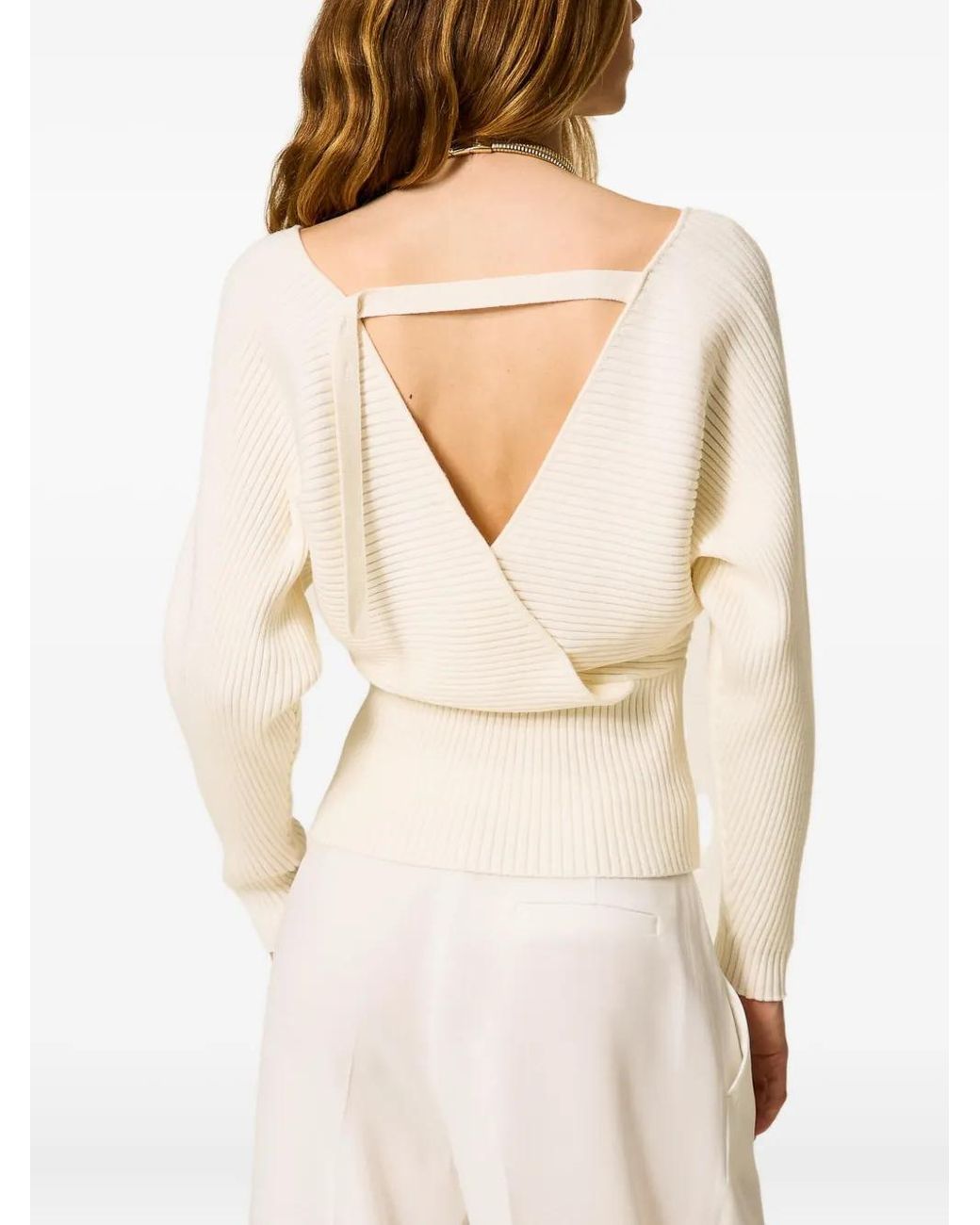 Twinset White Gerippter Pullover Mit Überkreuztem Design
