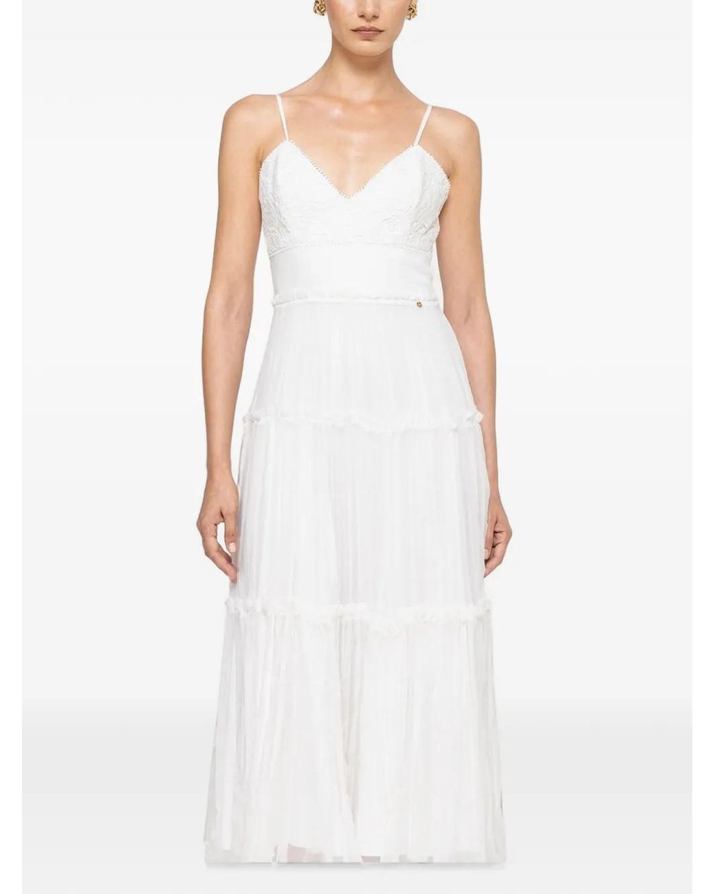 Nissa White Floral-Embroidery Silk Midi Dress