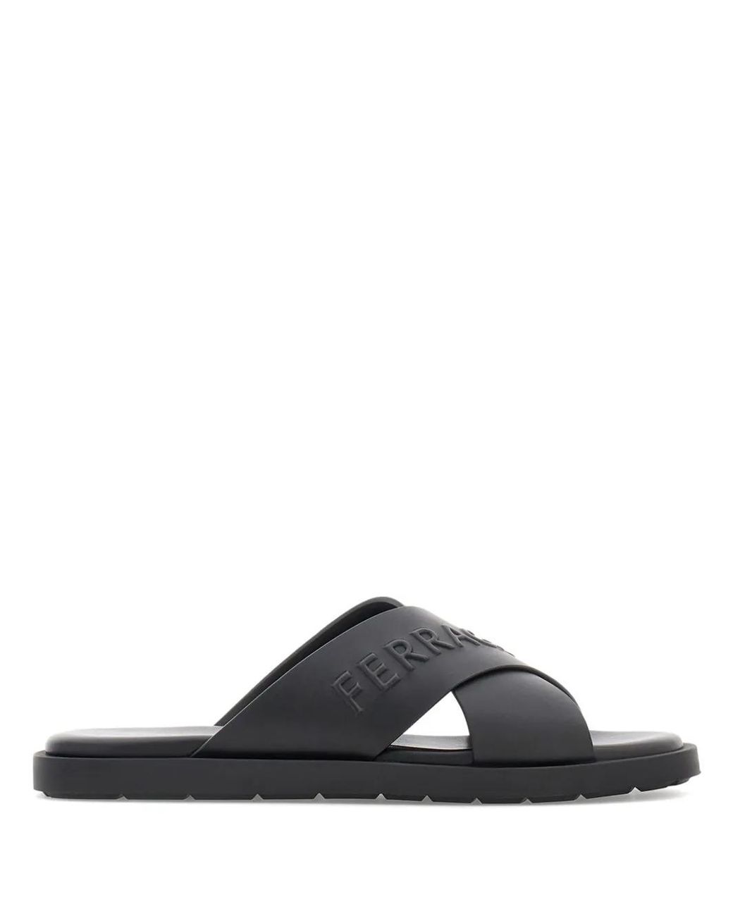Ferragamo Black Logo Crossover Leather Slides for men