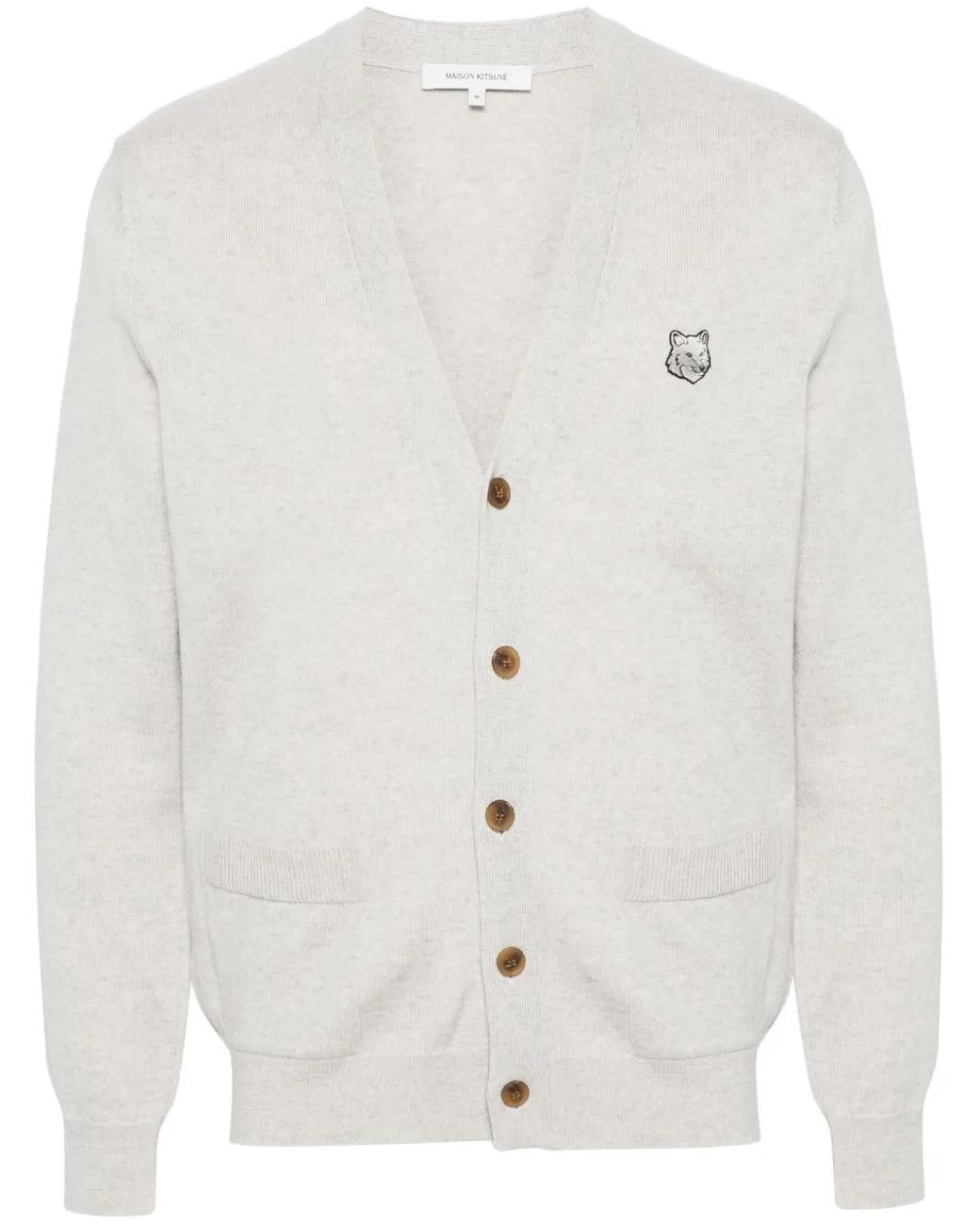 Maison Kitsuné White Grey Wool Fox Head Cardigan for men