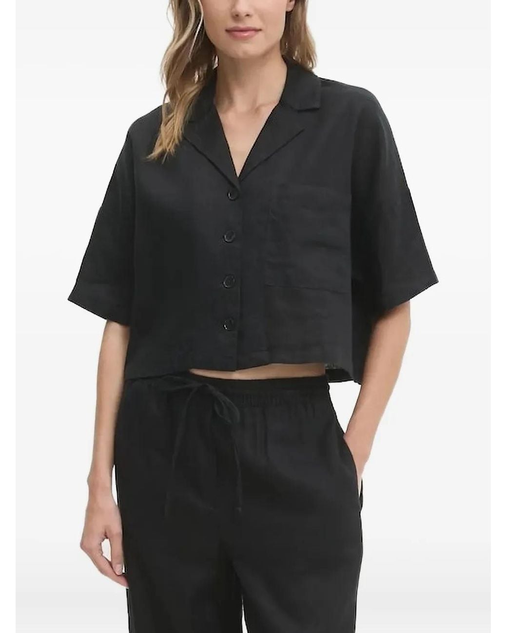 DKNY Black Short-Sleeve Convertible-Collar Shirt