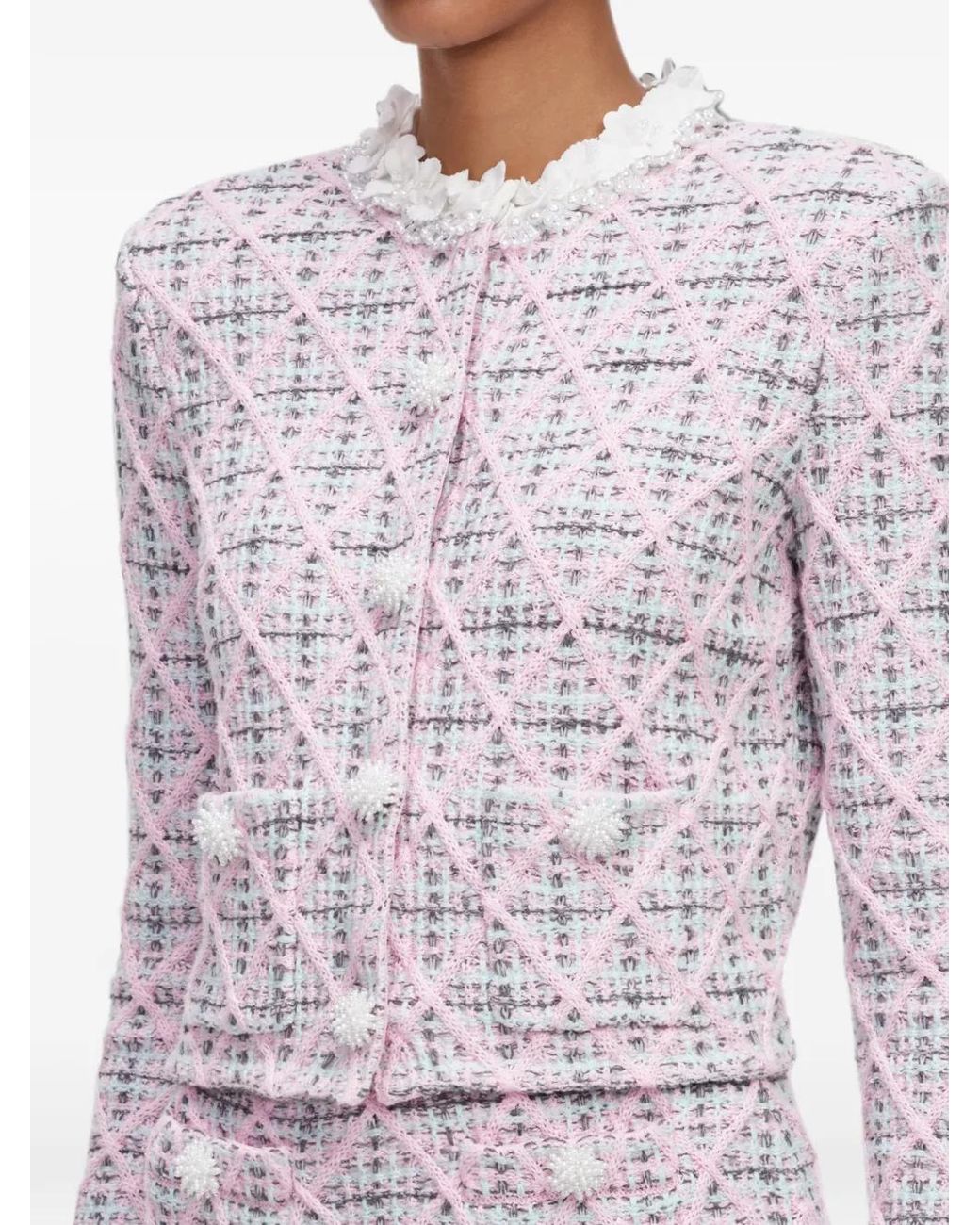 Self-Portrait Pink Check Knit Cardigan