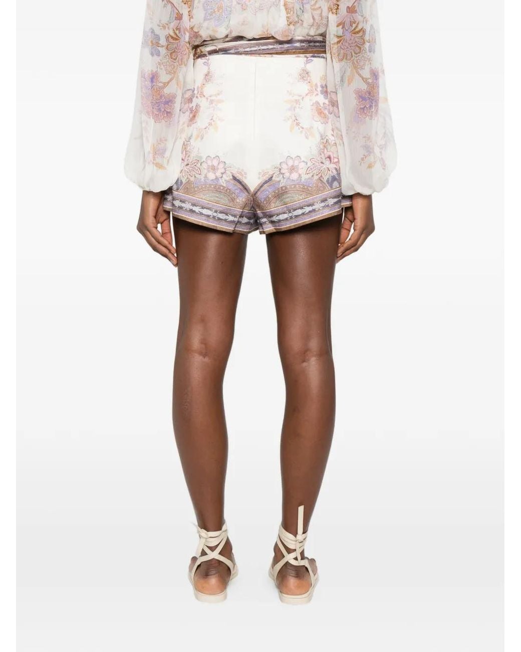 Zimmermann Natural Luna Floral-Print Belted Mini Shorts