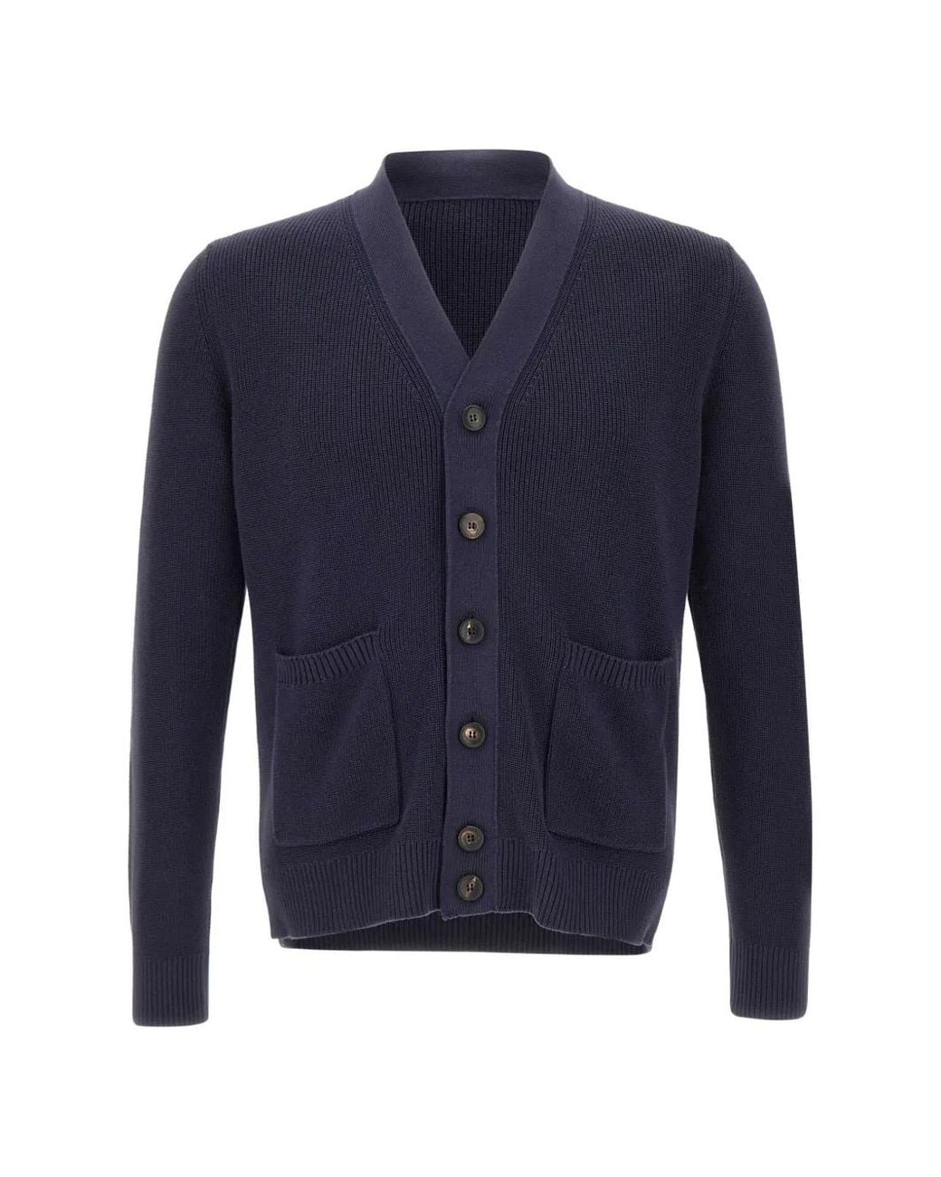 FILIPPO DE LAURENTIIS Blue V-Neck Ribbed-Trim Cardigan for men