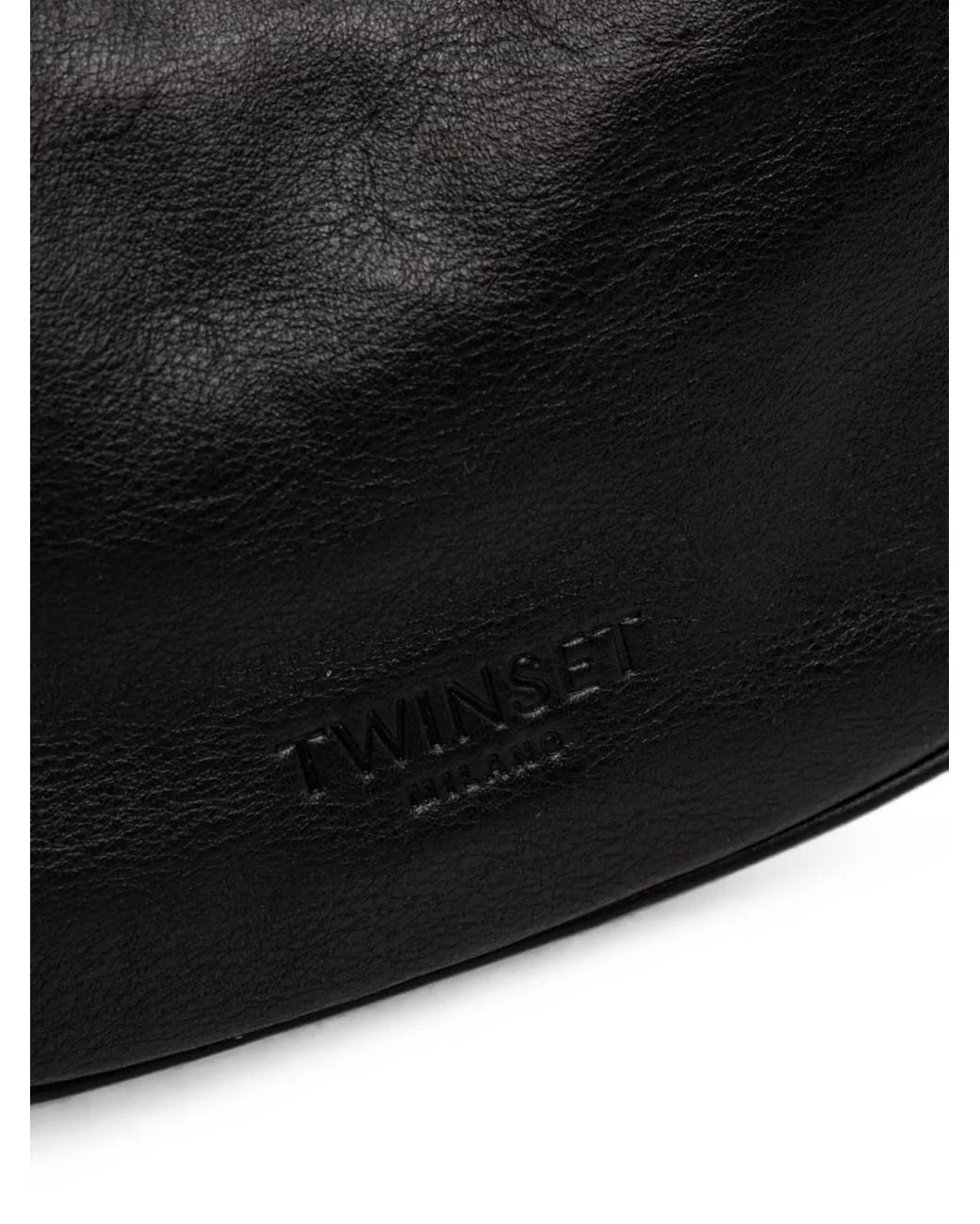 Twinset Black Logo-Debossed Leather Shoulder Bag