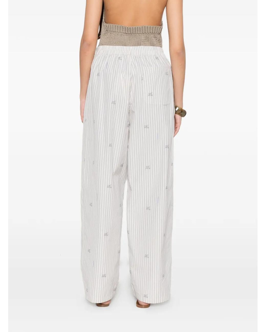Jacquemus White Pantalon À Rayures Brodé