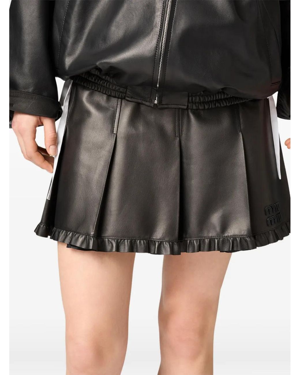 Miu Miu Black Pleated Nappa Leather Skirt