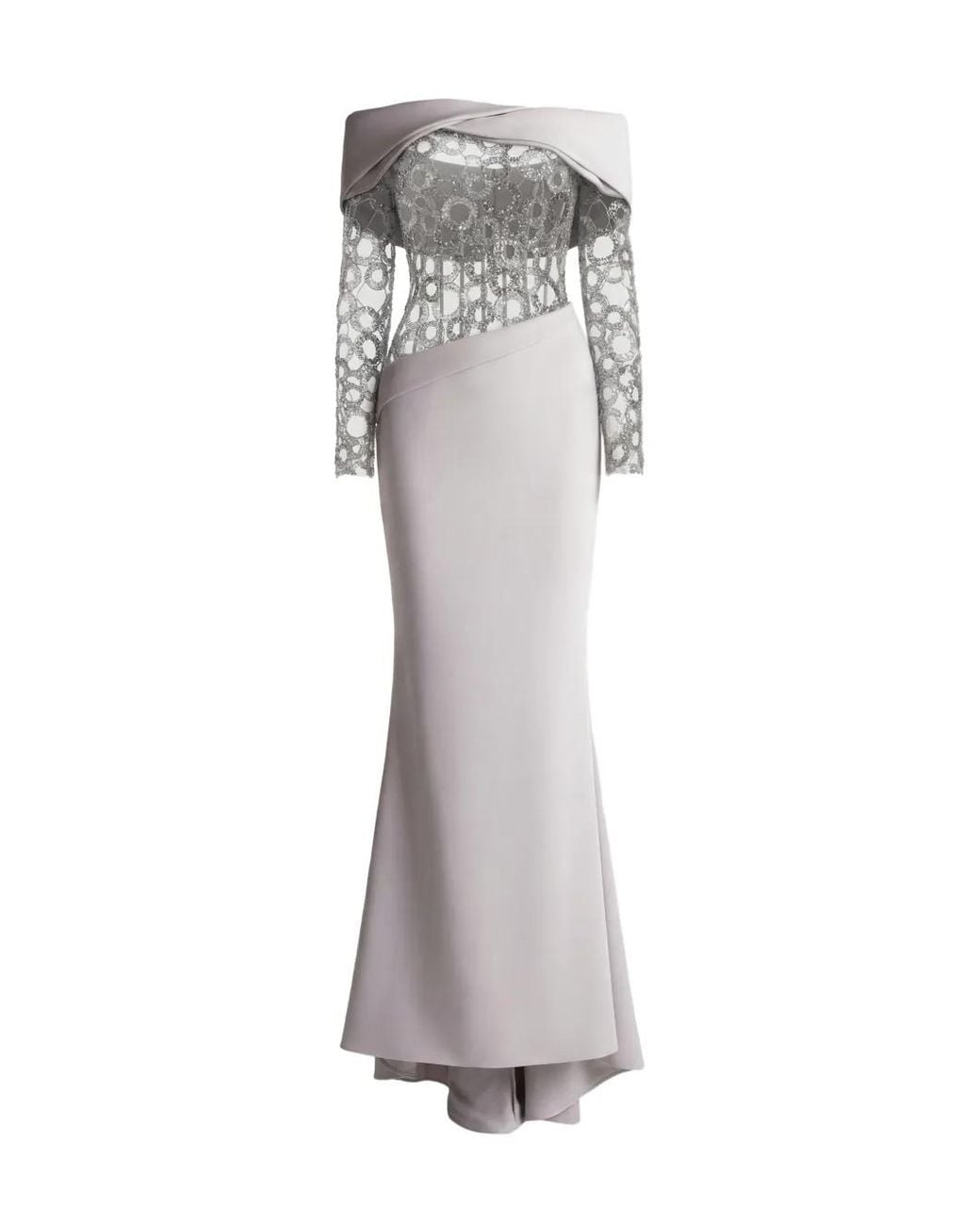 Gatti Nolli by Marwan Gray Off-Shoulder Embroidered Gown