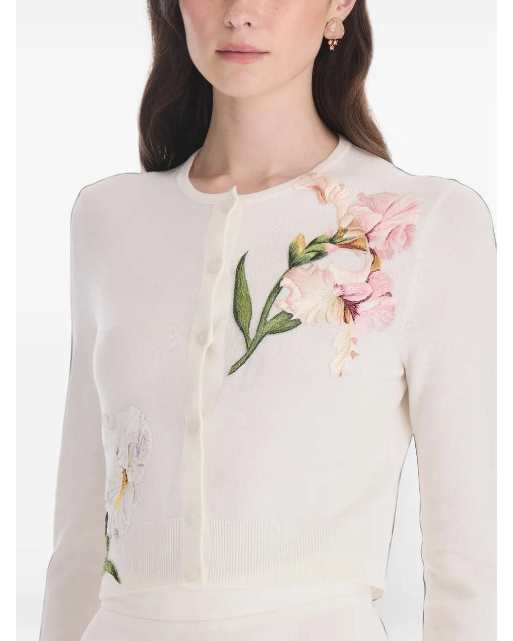 Oscar de la Renta White Floral-Embroidered Cardigan